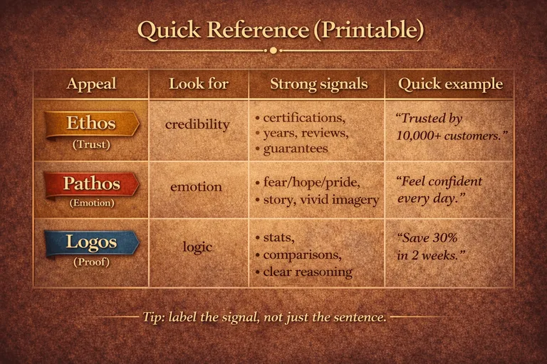 Quick reference guide for ethos, pathos, and logos